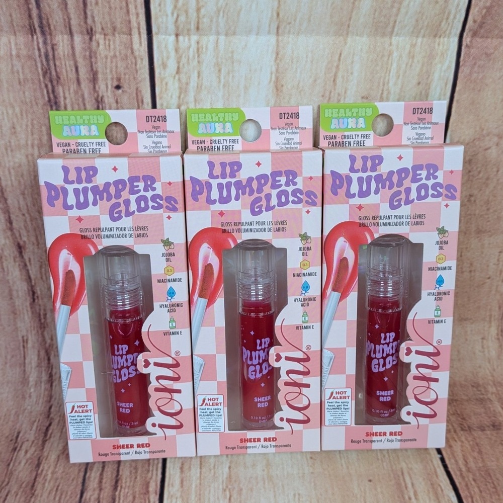 3 PK Ioni Healthy Aura Lip Plumper Lip Gloss Sheer Red - DT2418 Vegan High Shine